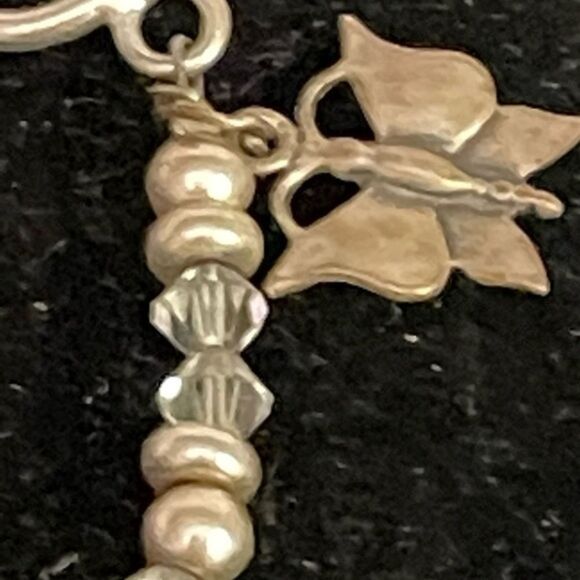 SALE! Silver tone/clear bead stretch bracelet w/toggle clasp & butterfly. Charm - Picture 6 of 7